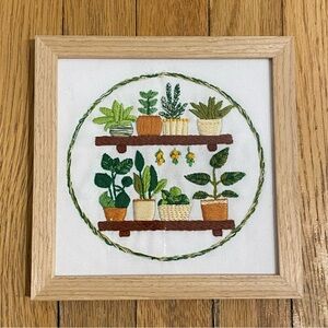 Handcrafted Green and Brown Plant Embroidery Wall Art